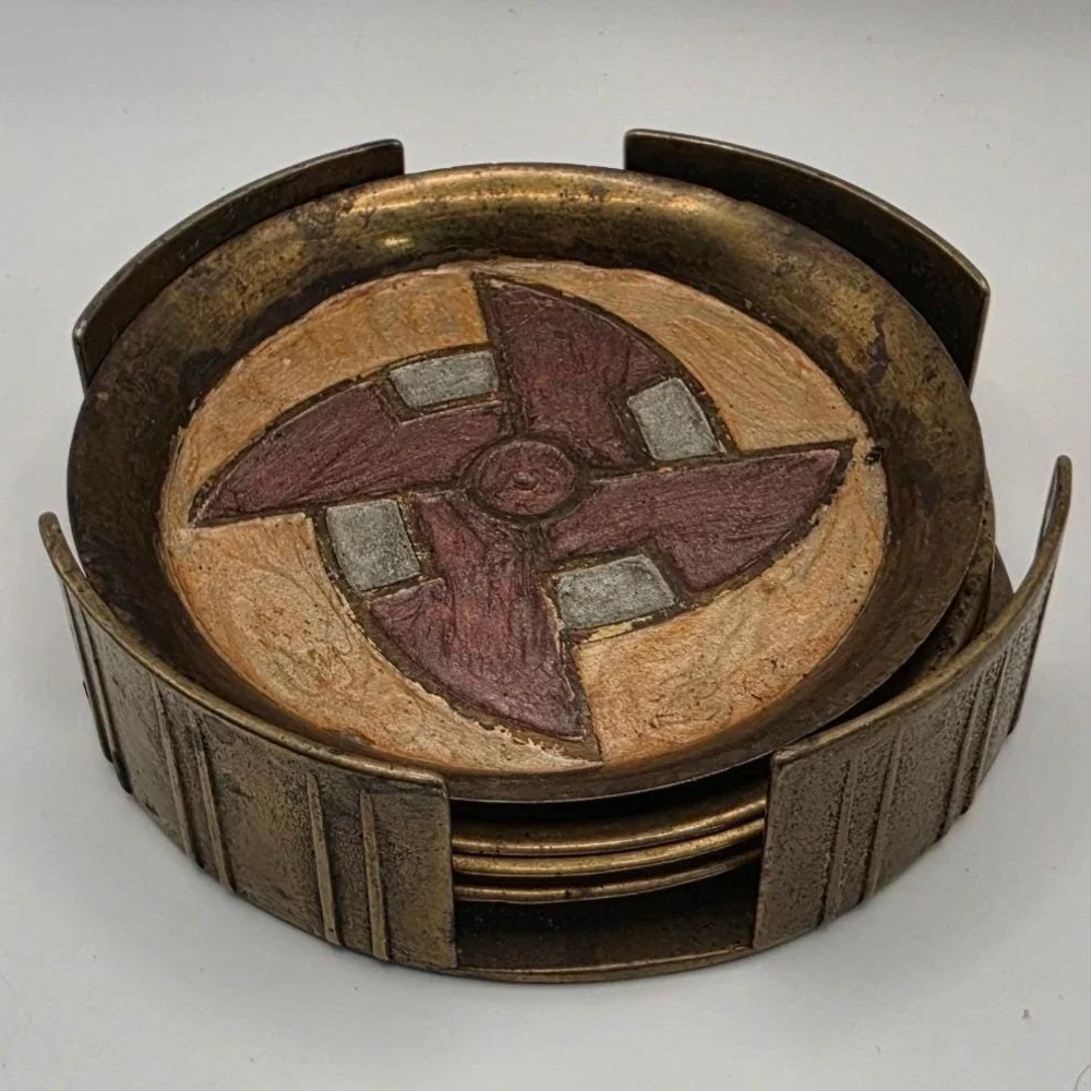 4 Vtg Brutalist Brass Coasters with Holder Geometric Inlay Patina MCM Ashtrays
